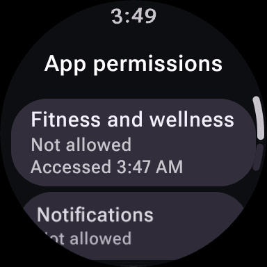 Upscore's watch permissions list on Wear OS 6, showing Fitness and wellness not allowed