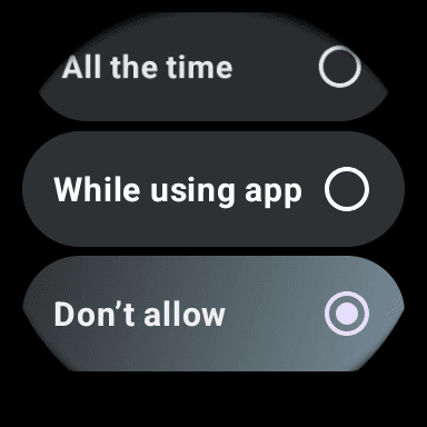 The Sensors permission screen offering All the time, While using app, and Don't allow