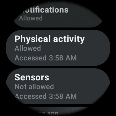 Upscore's watch permissions list on Wear OS 5, showing Physical activity allowed and Sensors not allowed
