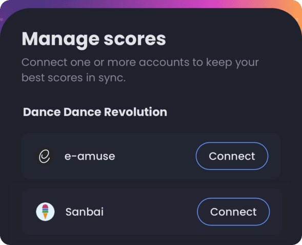 The Manage scores screen in the Upscore app, with a Connect button next to e-amuse and Sanbai